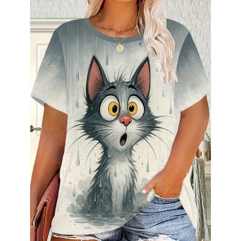 Women's round-neck T-shirt with a cat pattern print
