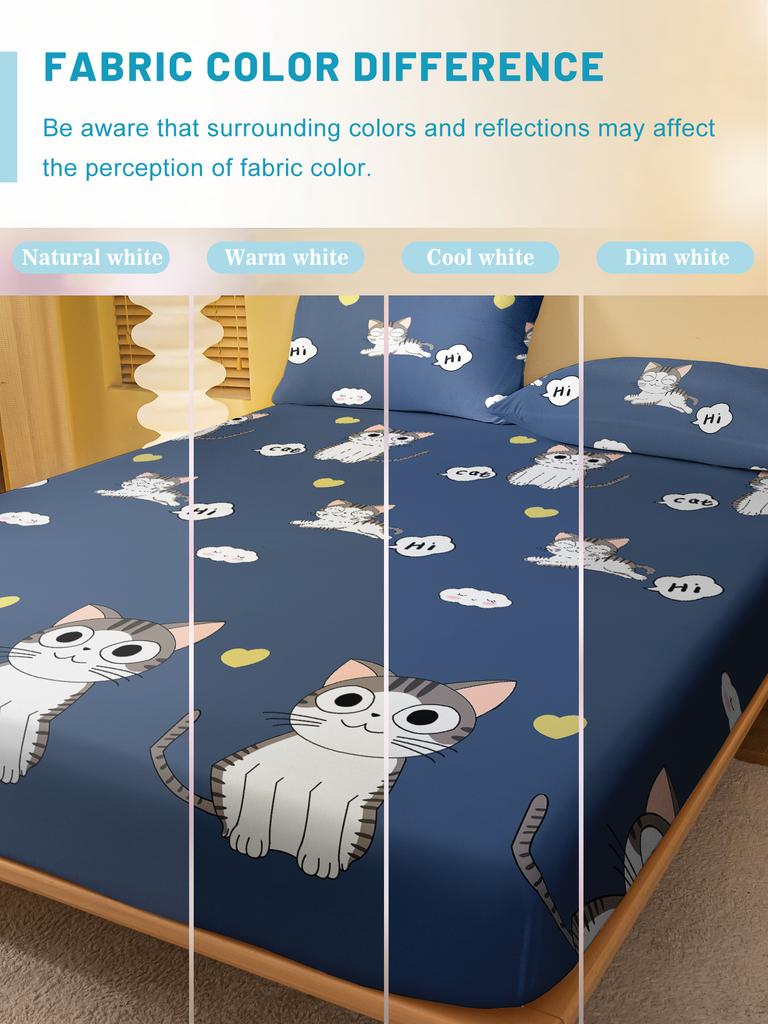 Cartoon 1 Cute Animal Cat Printed Matte Fitted Sheet, Bedroom Printed Bed Cover, Bedding Excluding Pillowcases