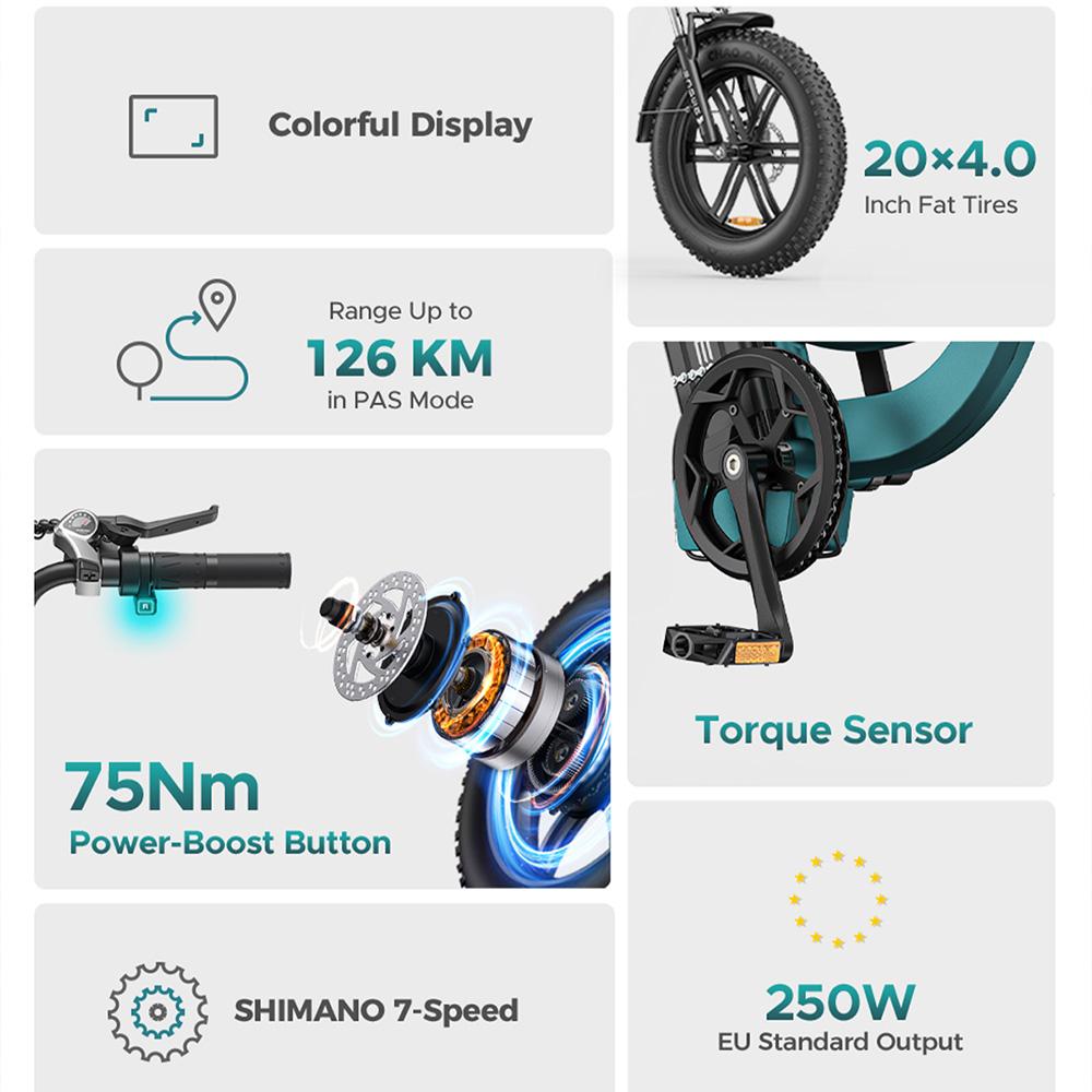 Electric Bicycle Engwe 20" 250W Motor 48V 13AH City Ebike Top Speed 25Km/h Max Load 120Kg All Terrain Ebike 7 Speed Green L20 Boost