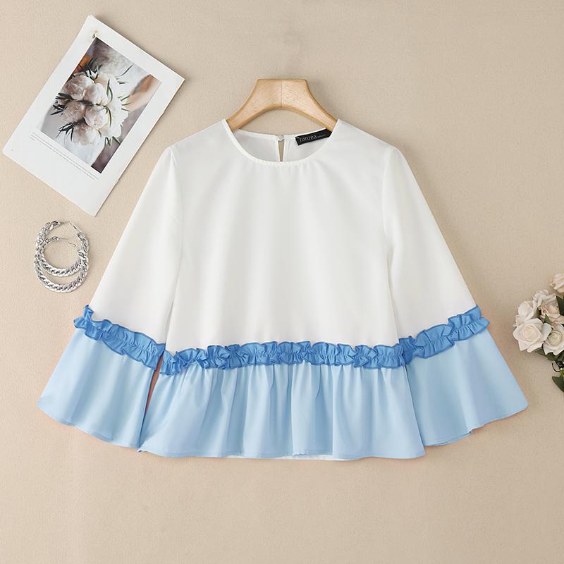 ZANZEA Damen Rundhals Patchwork 3/4 Ärmel Freizeitbluse