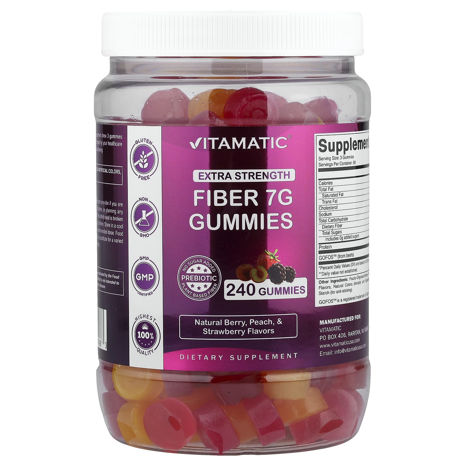 

Vitamatic Fiber Gummies, Natural Berry, Peach & Strawberry, 240 Gummies