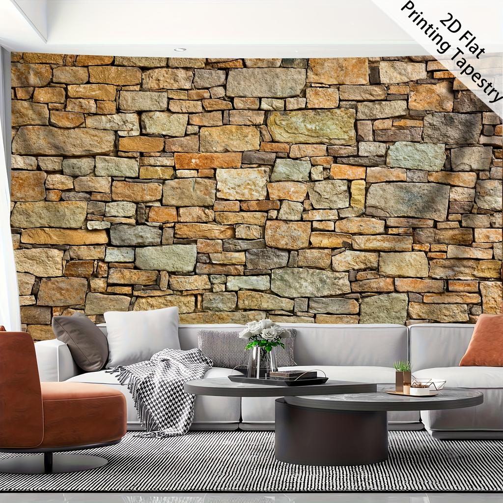 Faux Stone Wall Tapestry, Rustic Rock Texture Background, Vintage Brick Pattern Wall Hanging For Living Room Bedroom Decor