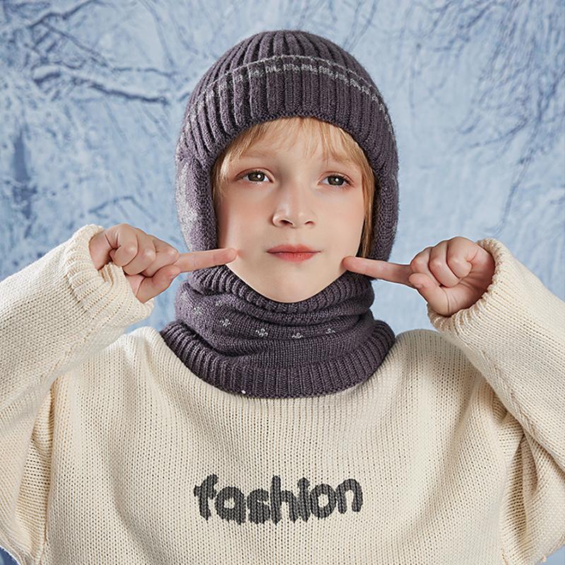 Children's Hat Scarf Suit Winter Velvet Warm Ear Protection Coldproof Knitted Wool Cap Boys Girls Pullover Cap