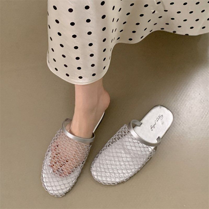 Korean version of retro niche flat-bottomed fishing net shoes women's single shoes 2025 summer new hollow mesh Roman two-wear sandals