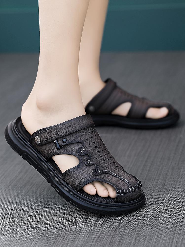 

Мужские сандалии на лето из искусственной кожи, с мягкой подошвой, противоскользящие, пляжная обувь, на толстой подошве, двойного назначения, для ношения на улице, мужские сандалии 42 серый