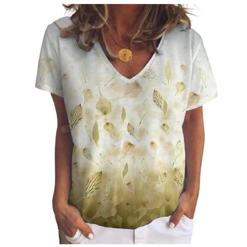 Summer V-neck 3D Gradient Leaf Printed Top Fashionable Casual Short Sleeved Women's T-shirts