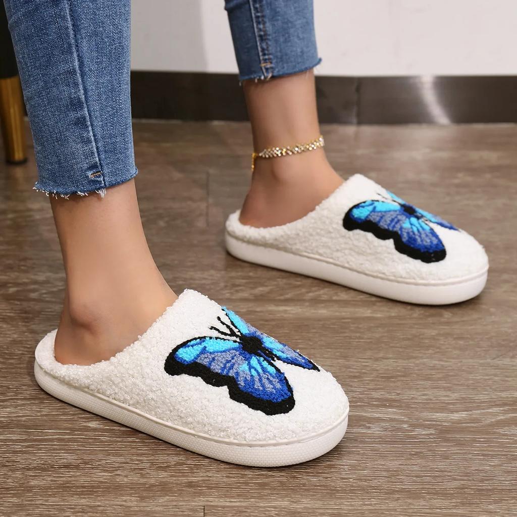 Cartoon Butterfly Print Home Slippers Women Winter Plush Warm Soft Sole Cotton Shoes Woman Comfort Non Slip Flat Indoor Slippers