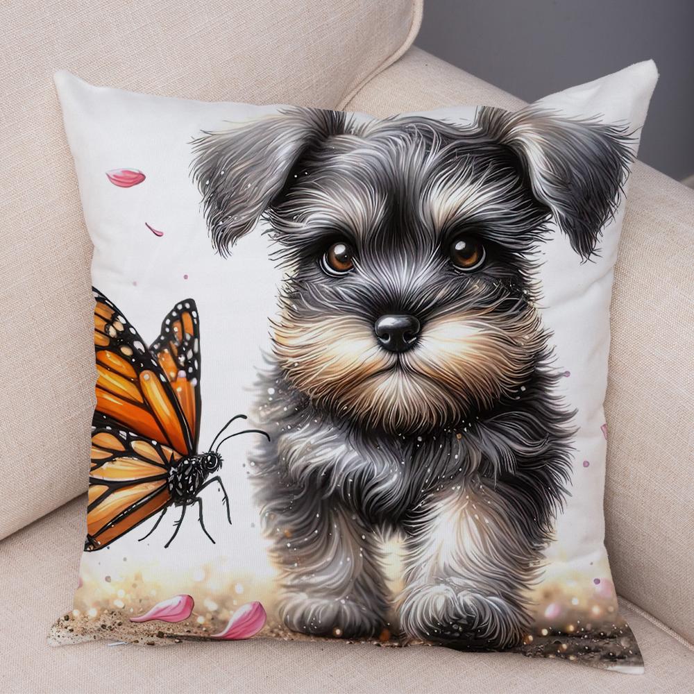 Roztomilý povlak na polštář s mini kníračem pro domácnost, oboustranný potisk, dekorace, kreslený mazlíček, zvíře, na pohovku, do auta, povlak na polštář, měkký plyšový povlak na polštář