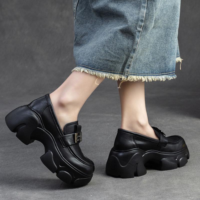 Johnature Heightening Loafers Genuine Leather Slip-on Pumps Fashion Versatile Women's Platform Shoes
