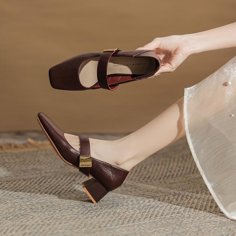 Square head single shoes women's new spring and autumn retro thick heel one-word buckle high heels color matching fashion women's shoes