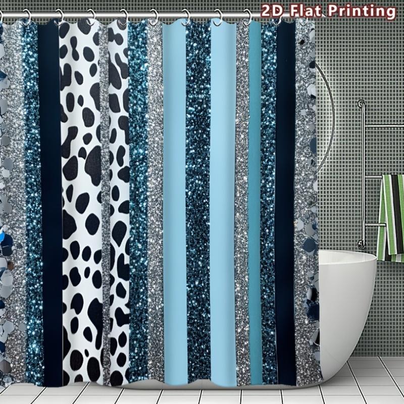 4Pcs Glittery Stripes Shower Curtain Set with Non-Slip Bath Mat, Toilet Lid Cover, Contour Rug & 12 Hooks, Bathroom Decor