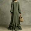 Women Casual Long Sleeve Dress V Neck Ruffle Trim Maxi Dress Retro Style Loose Fit Bohemian Dress