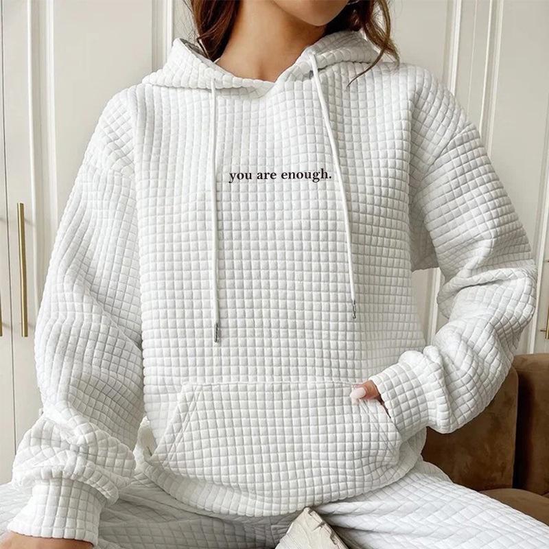 Women's Waffle Knit Hooded Sweatshirt with Letter Print - Loose Fit, Long Sleeves, Autumn/Winter Style  