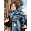 Korean drama atmosphere blue scarf women's winter extended warm imitation cashmere scarf male student plaid windproof shawl