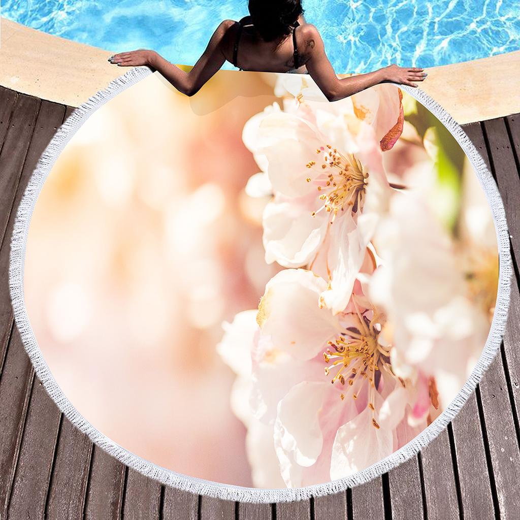 Peach Blossom Pattern Round Beach Towel, Microfiber Lightweight Beach Blanket, Soft Absorbent Quick Dry Pool Towel Picnic Mat