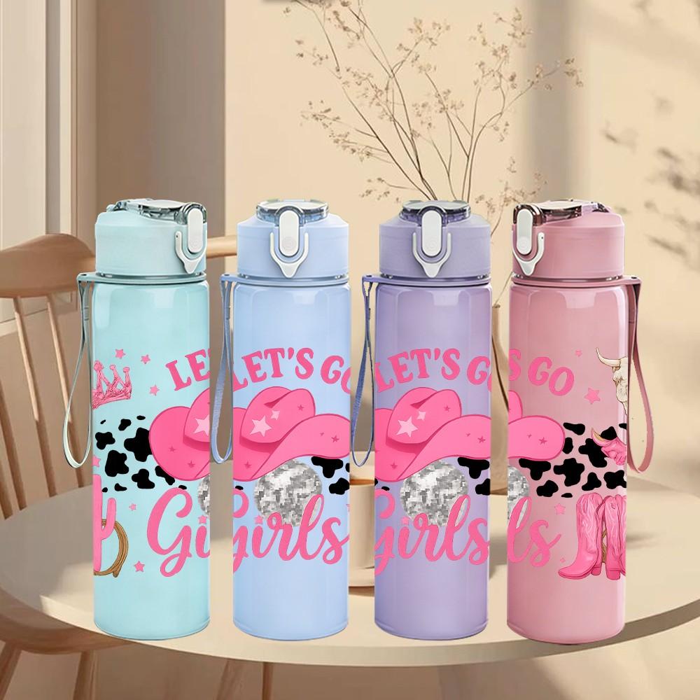 1PC Lets Go Girls Pink Glitter Quote Print 750ml Color Plastic Sports Water Bottle Leakproof Flip Straw Lid Suitable for Sports Office Home Use
