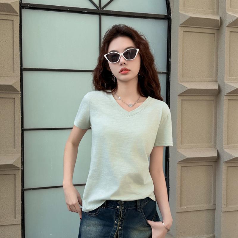 Cotton V-neck Summer Breathable Front Shoulder Short-sleeved Women's T-shirt Slim-fitting and Thin Bottoming Shirt Spice Girl Top