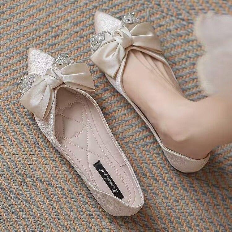 

Fashion Slip-on With Bow Shoes for Women 2025 Trend Elegant Wedding Bride Shoe Y2k Low Price Stylish 39 Popular Pointed Toe Woman Flats 35