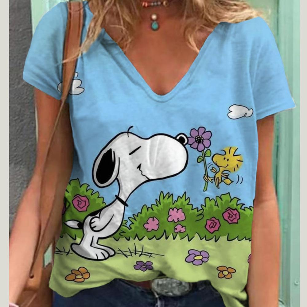 V-Neck Women's Sexy T-shirts Short Sleeve Breathable Simple Snoopy Cartoon Print Tops T-shirt Fun Patterns 15 Color Pullover Top