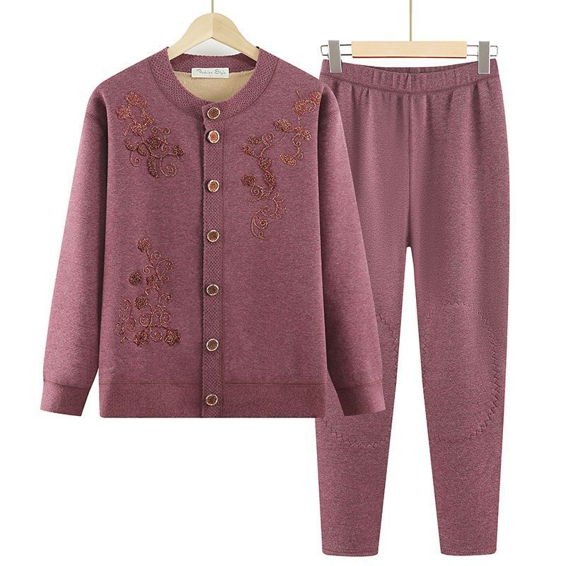 Cardigan Sweater Jacket Velvet Old Lady Autumn Clothes Mother Two-piece Set Elderly Winter Wear Warm Clothes Set