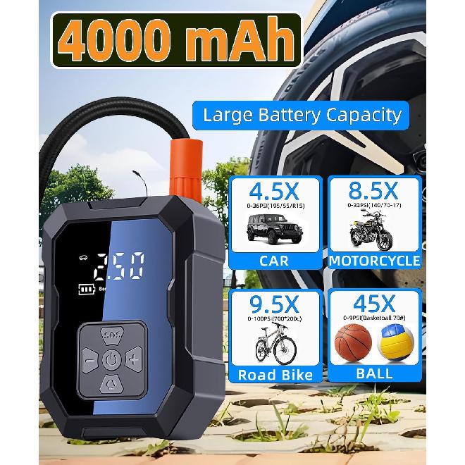 Tire Inflator Portable Air Compressor For Car, Ball Basketball Pump For Sports Balls Auto For Car Tires Bicycle W Gauge Values Display, 150PSI Power