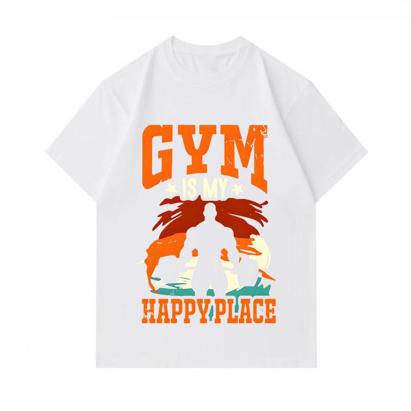 Men's 100% Cotton Crew Neck Short Sleeve T-Shirt, Gym Is My Happy Place Retro Workout Fitness Printed Casual Daily Comfortable Lightweight Top for Gym