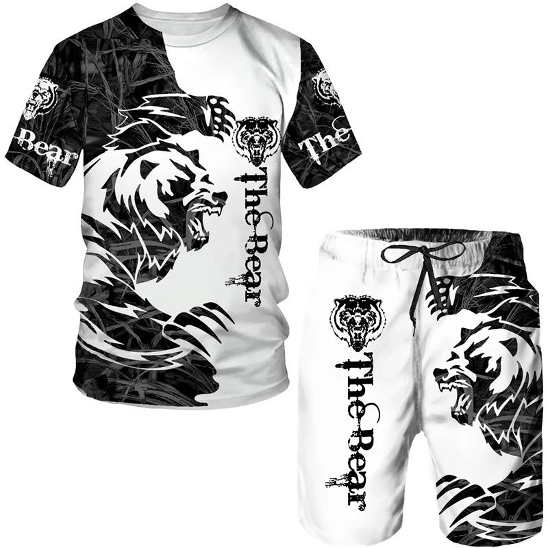 3D Tiger Print Plus-size Men's T-shirt Casual Daily Outdoor Fitness Quick-drying Breathable Street Short Sleeve Shorts Set