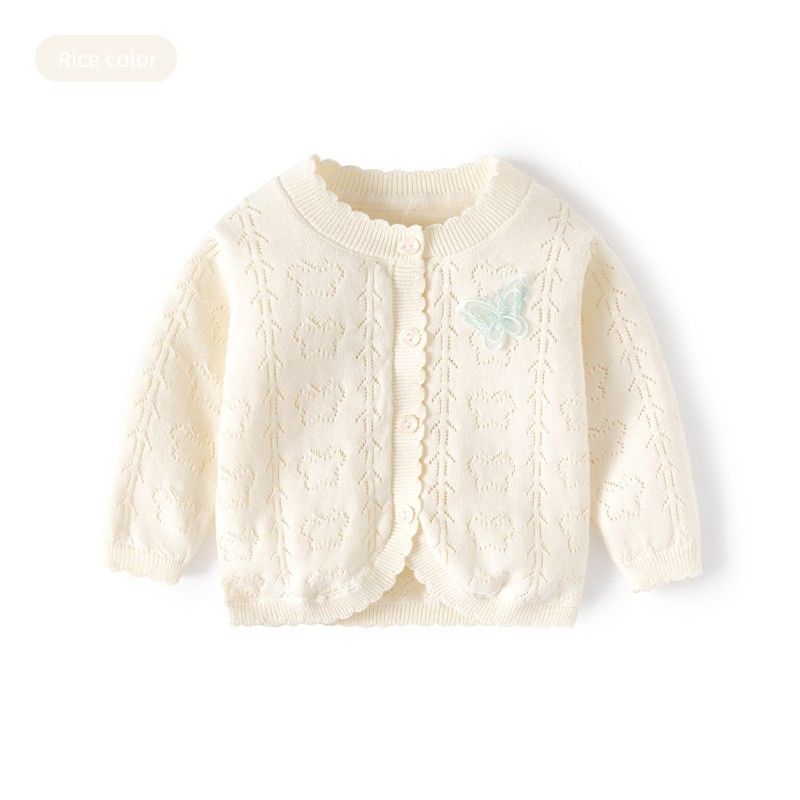 Baby Girl Butterfly Thin Cotton Cardigan Summer Sun Protection Clothing Kidsren s Air-Conditioning Shirt Knitted Girl s Sweater Jacket White Apricot-Kt212 130 cm