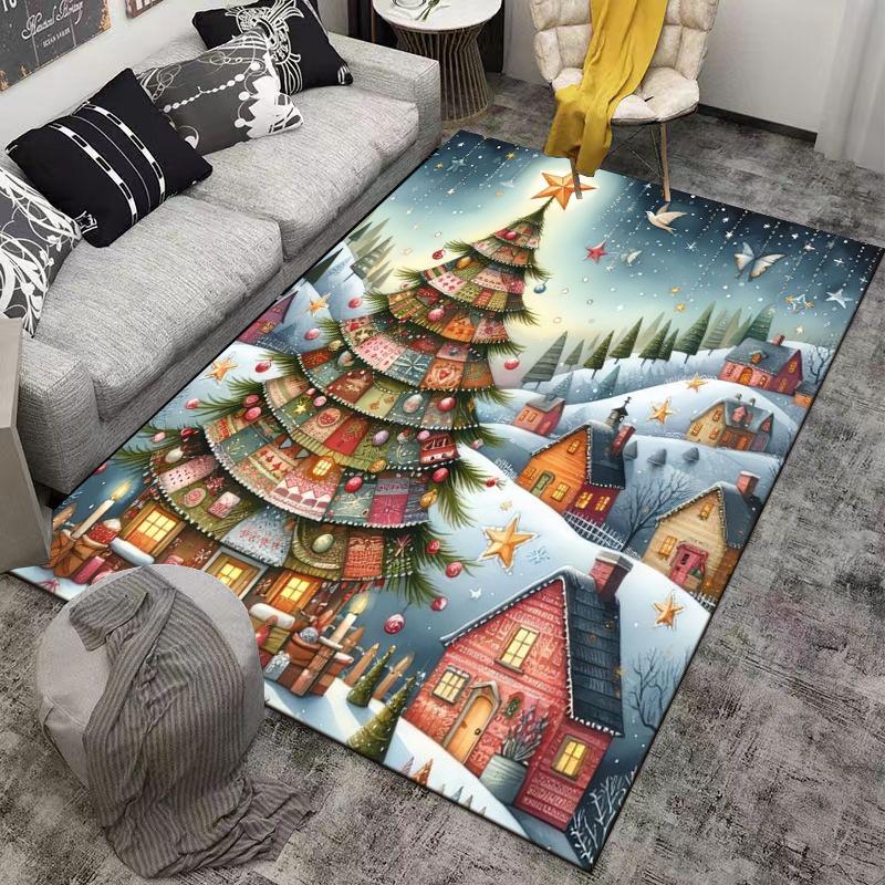 "Christmas Tree Carpet with Festive Houses and Snowy Scenery Design" Suitable for Use As an Anti-slip for Living Room Bedroom Sofas