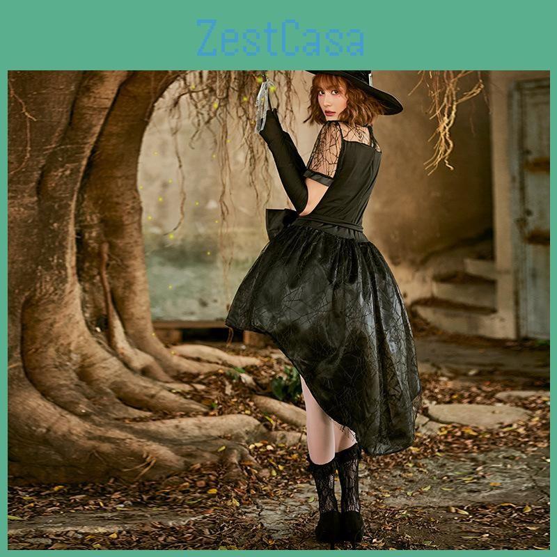Black Mesh Lace Witch Tailcoat Dress Costume For Halloween Party Events Cosplay
