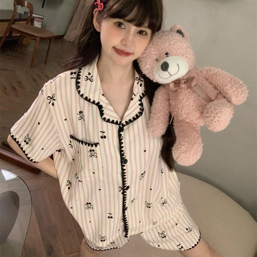 Internet celebrity girl shell lace vermicelli cherry pajamas summer short sleeved shorts two-piece girl loungewear