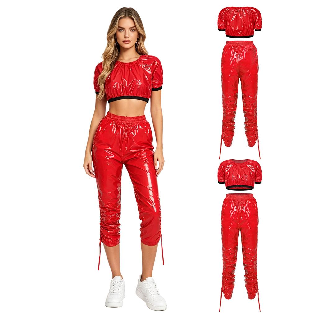 Completo Crop Top Lucido Impermeabile e Pantaloni Capri da Donna Manica Corta Vita Elastica Coulisse sui Lati delle Gambe per Allenamento Festa