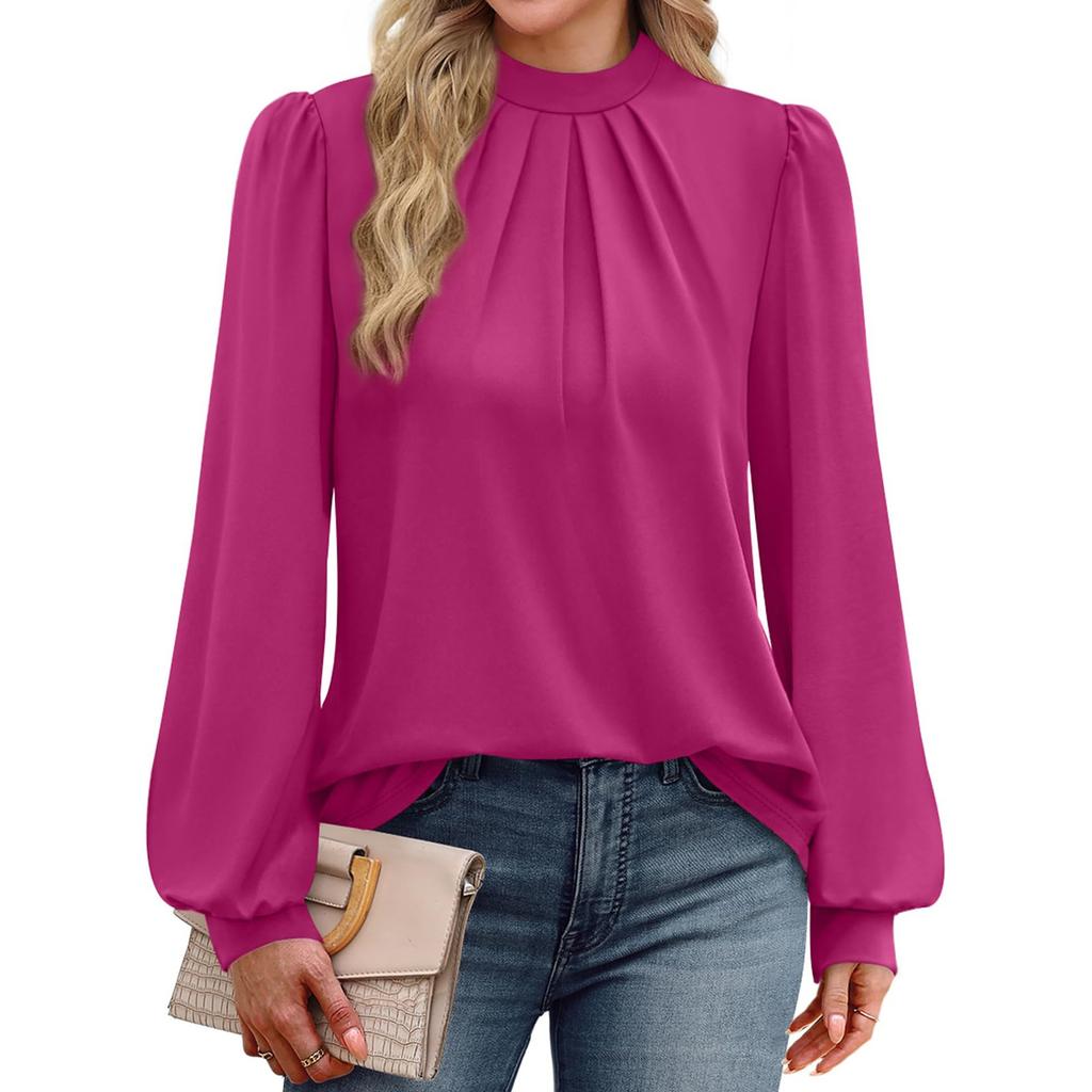 Ladies' Fashionable And Elegant Chest Pleated Stand Collar Long Sleeved Solid Color Top