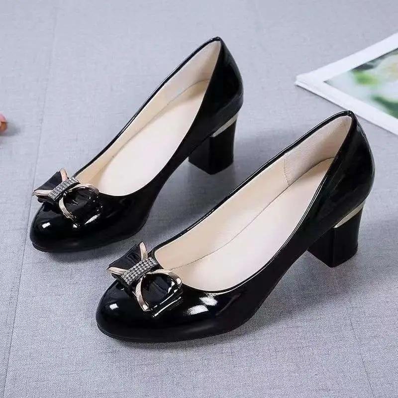 Fashion Spring Autumn Soft Bottom Large Size Women's Shoes Buckle Mid Heel Four Seasons Single Shoes Rubber Upgraded Version 34-42 Code