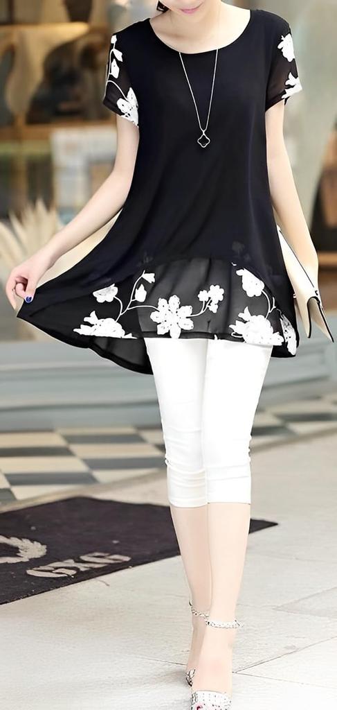 Aspersio Simple Layered Floral Tunic Top with Short Sleeves and Features Tiered Cuff Straight and Round Crew Cut and Sewn Asymmetrical Pullover