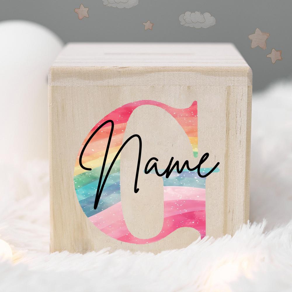 Personalized Money Box Kids Money Boxes Rainbow Letter with Name Coin Collection Box Wooded Coin Bank Child Birthday Shower Gift