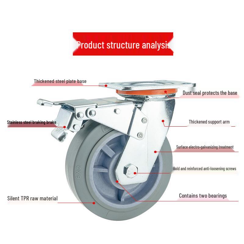 Silent TPR Swivel Caster Wheels, 4-8 inch, with Brake for Office Chairs and Carts