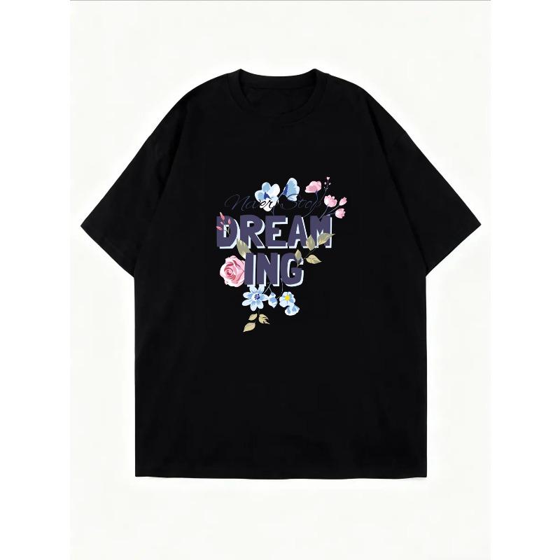 Women's White T-Shirt With Dreaming Floral Print And Text For Casual Wear