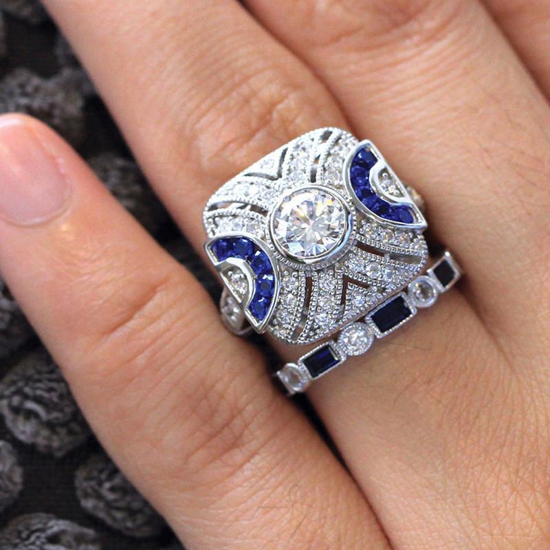 

Buyee 925 Sterling Silver Couples Ring Sets Blue Crysatl Stone Square Stripe Ring for Women Luxury Wedding Engagement Jewerly 7