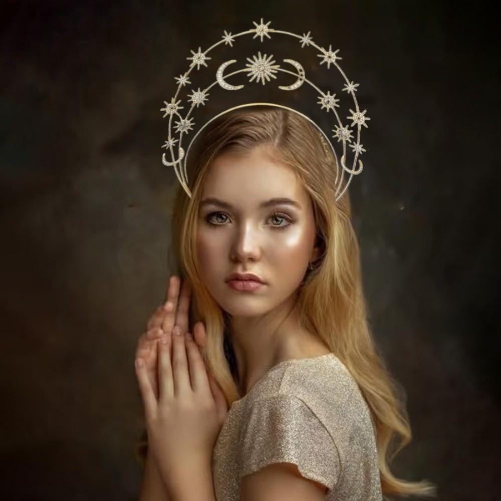 Gothic Star Moon Three Tier Crown Rhinestones Crystal Layered Design Goddess Crown Headband Lightweight Comfortable