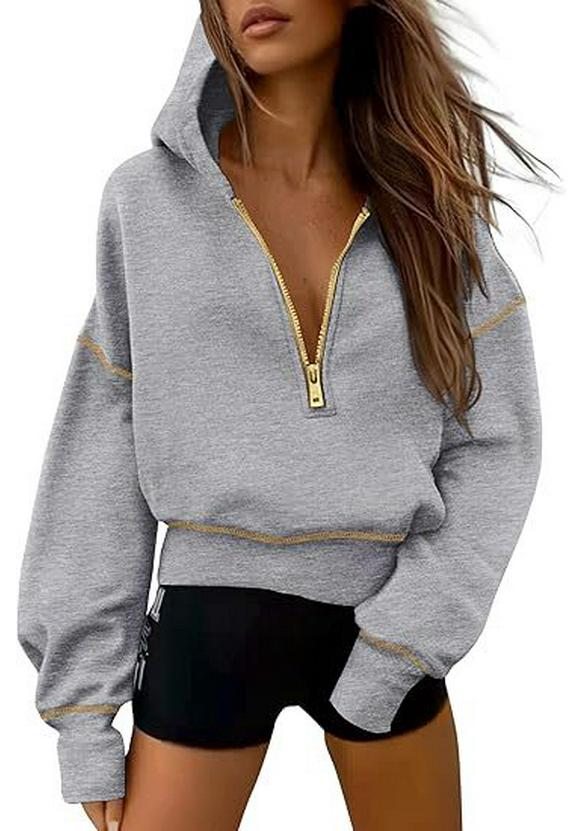 Women's Cropped Half Zip Hooded Sweatshirt - Autumn Winter Fashion 2025