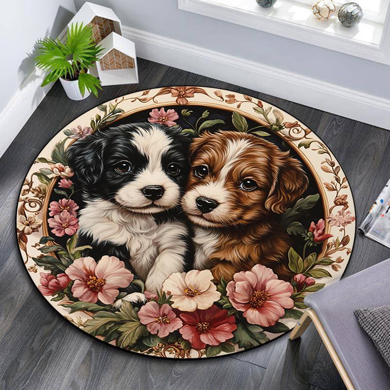 

Two Cute Puppies Round Area Rug,Carpet Rug for Living Room Bedroom Sofa Playroom Decor,Non-slip Floor Mat 80cmx80cm