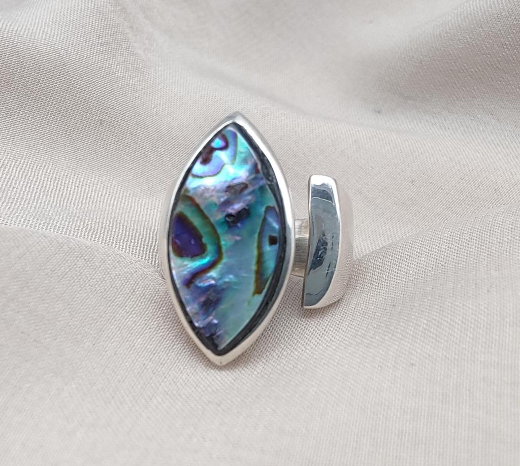 Abalone Shell Sterling Silver Ring: Adjustable Boho Statement Jewelry