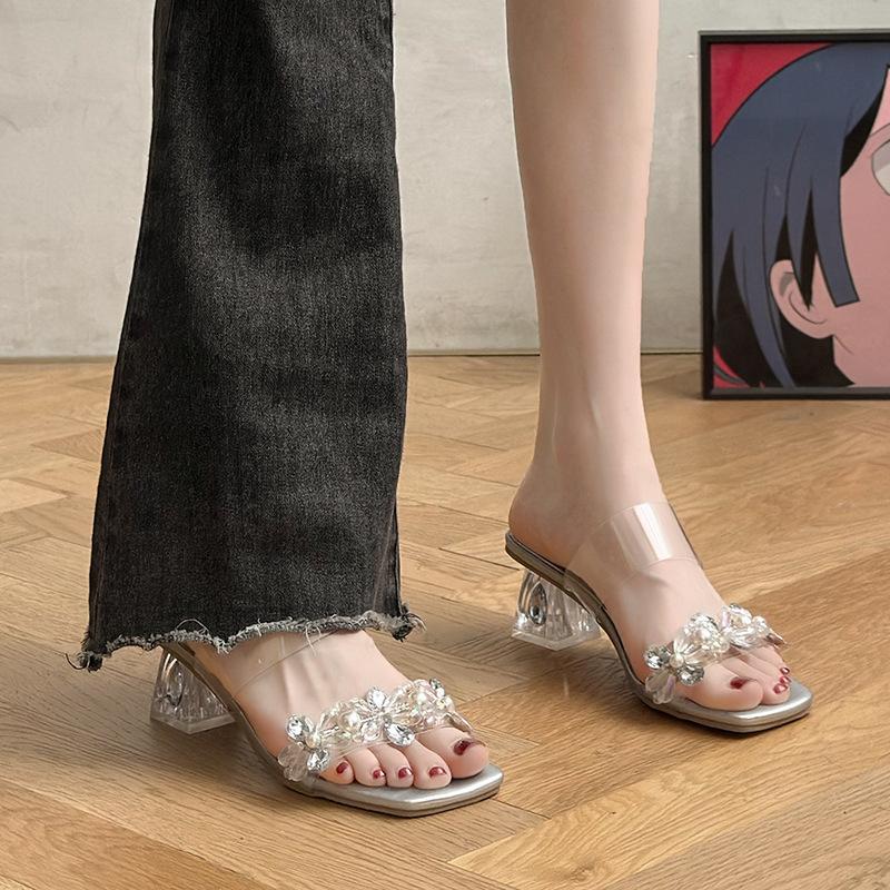 

2025 лето новые прозрачные босоножки с кристаллами на каблуке женские туфли на высоком каблуке с толстым каблуком с босоножками с юбкой 40 серебряный