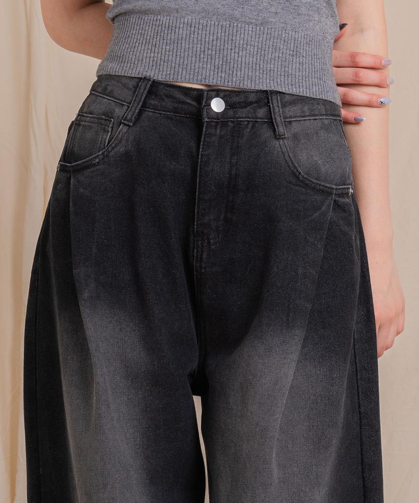 Ellamo 54_5 Women'S One-Pin Tuck Washed Wide Denim Pants (Basic/Long)_Dark Denim