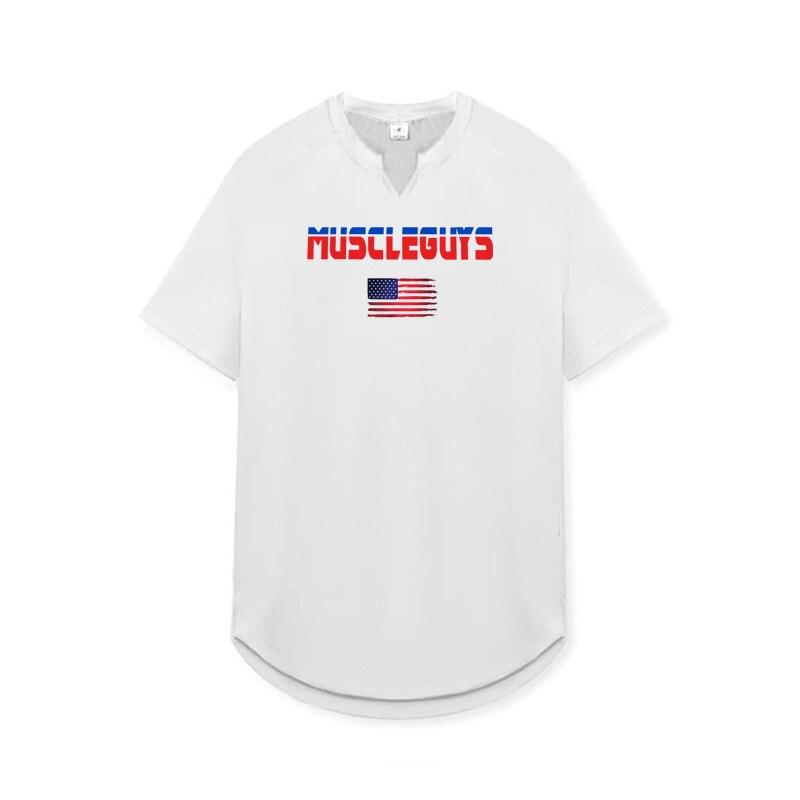 Muscleguys Men's Fitness Sports V-neck Short Sleeved T-shirt Summer New Youth Half Sleeve