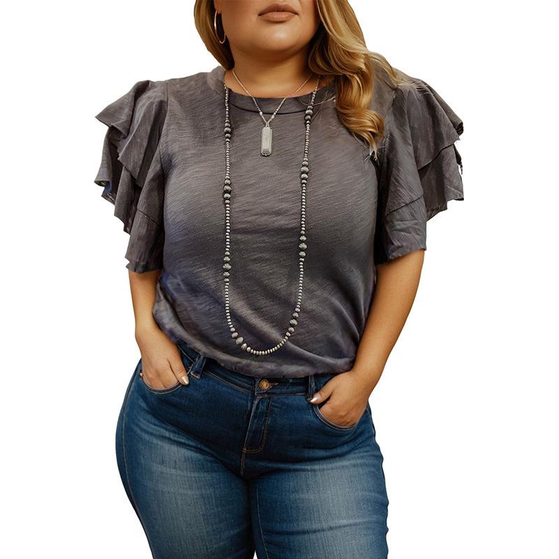 

European-American Style Ruffle Short Sleeve T-shirt, 2025 Summer Collection - Solid Color, Loose Fit, Plus Size XL