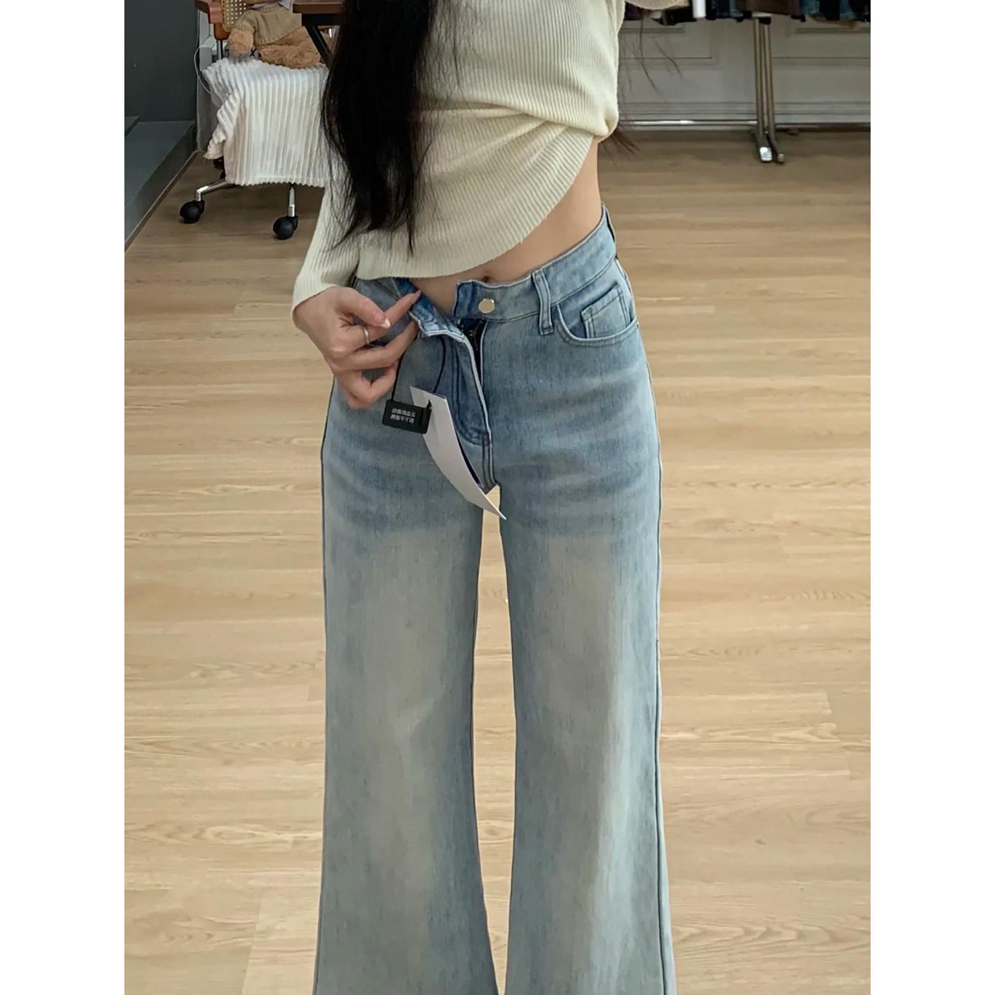 

Women s Light Blue High-Waisted Micro-Flare Jeans with Embroidery - 2026 Spring Collection S (Recommended 80-95 jin)