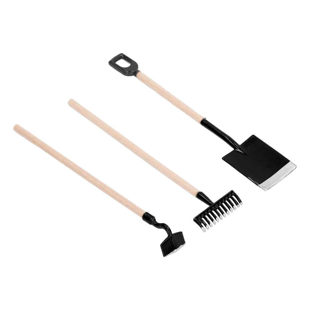 1:12 Scale Miniature Garden Hand Tools Alloy Wooden Dollhouse Rake Zen Shovel Model for Decoration