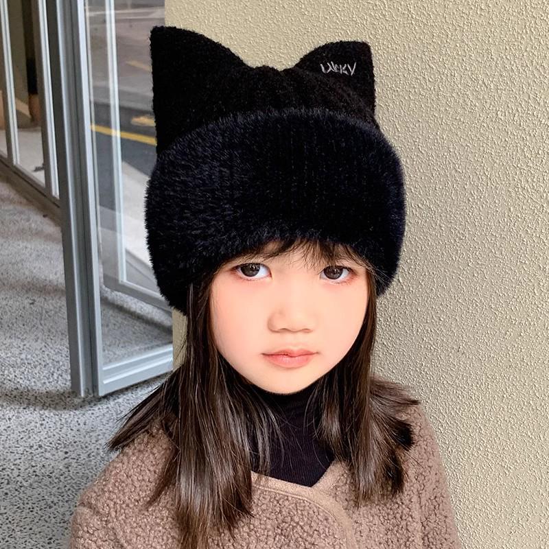 

В язана вовняна шапка для дівчинки із захистом вух - Мила, тепла та потовщена для осені та зими 3-8 years (46-52cm) чорний